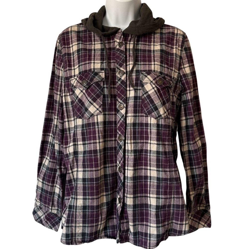 Legacy Falls For Her Concord Plaid Button Down Top Jacket With Knit Hood Large